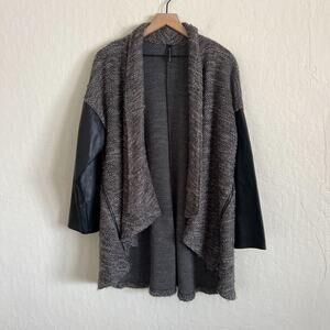 IC by Connie K Long Open Front Marled Knit Faux Leather Sleeve Cardigan XL Gray